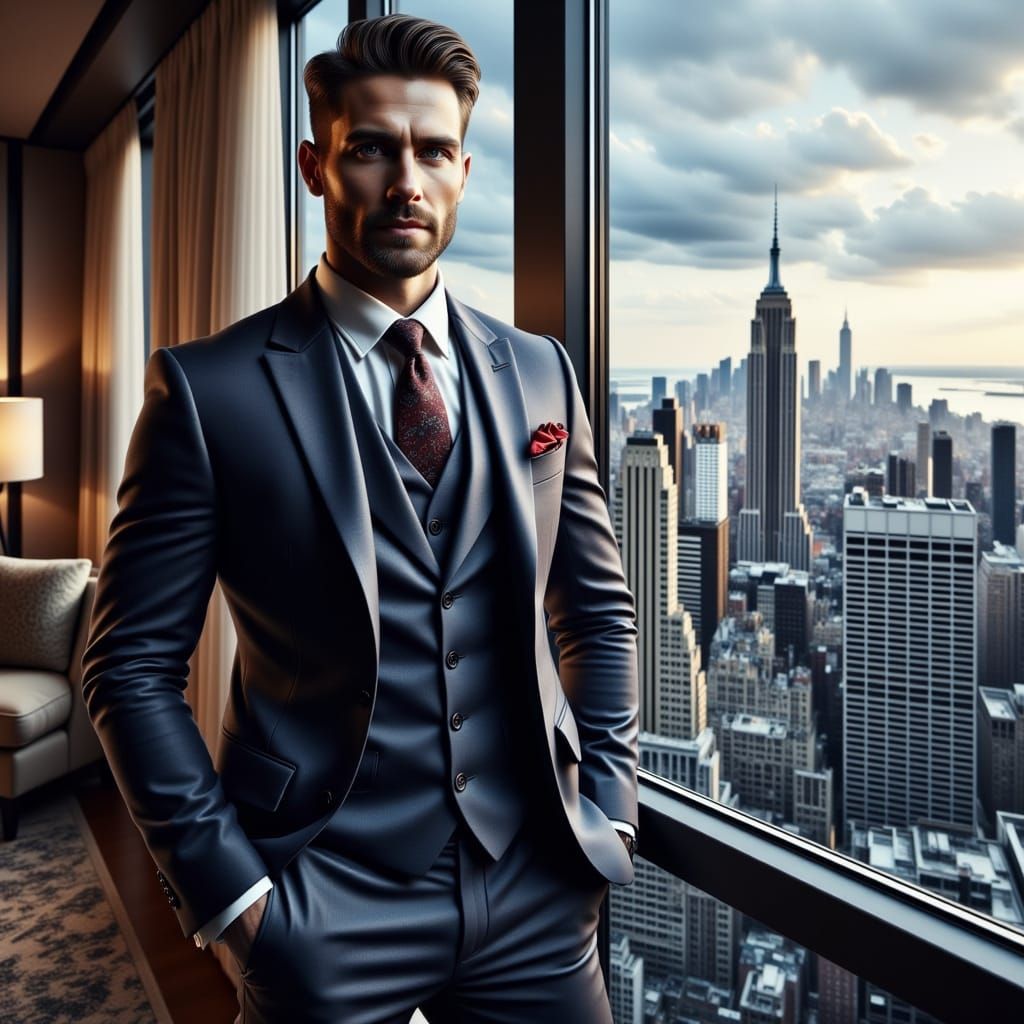 Handsome Man in Suit Overlooking New York, Hyperrealistic St...
