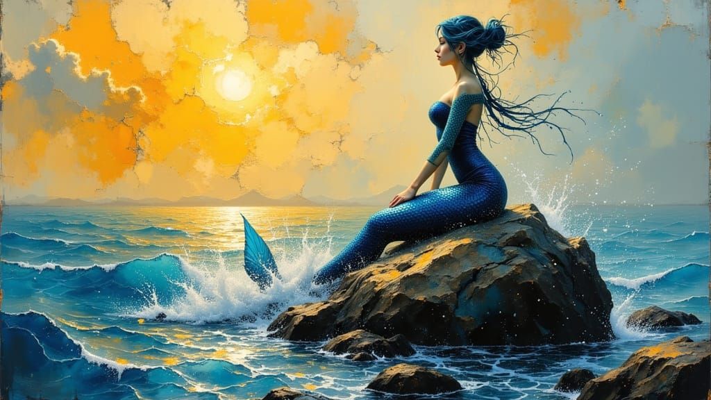 Mermaid with Blue Hair on Rock at Sunset