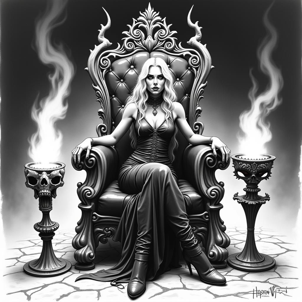 Witch Queen on Boneskull Throne in Fantasy Sketch