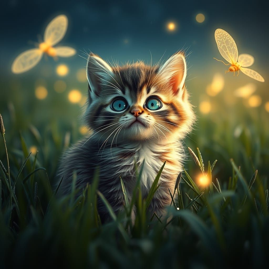 Hyper-Realistic Kitten Gazing at Glowing Fireflies in a Dewy...