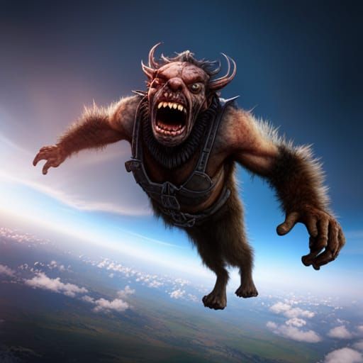 Terrified Bugbear Skydiving: Detailed Matte Painting