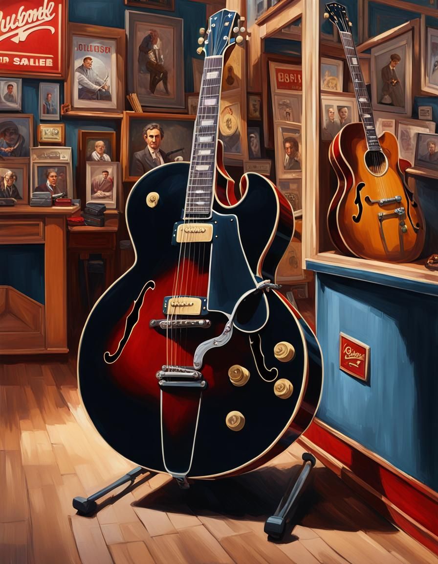 Gibson Guitar in Pawn Shop: Detailed Oil Painting