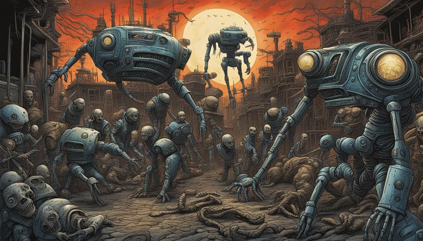 Sci-Fi Robots from Hell in Chaotic Line Art