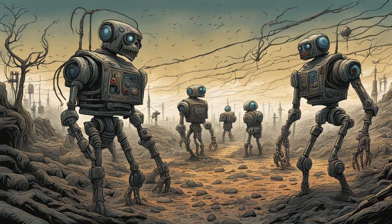 Creepy Sci-Fi Robots from Hell in Chaotic Line Art