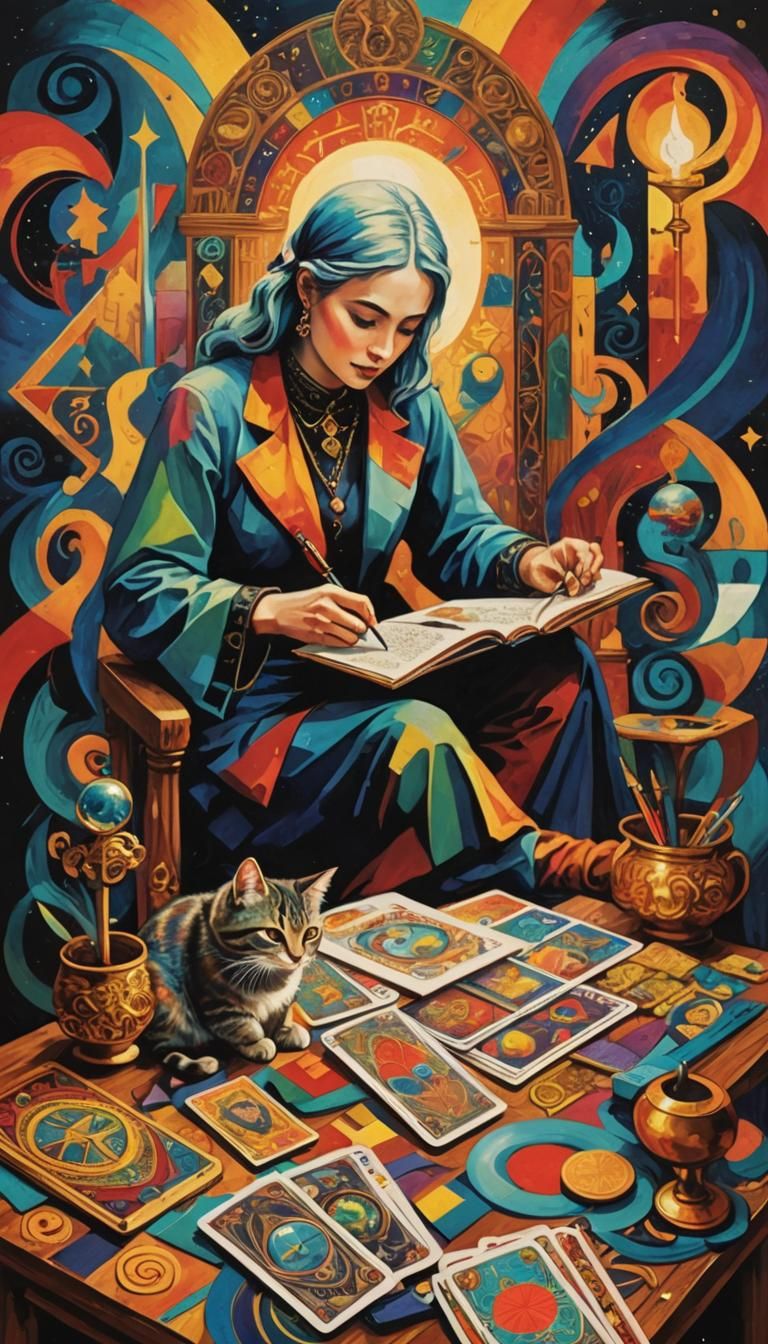 Rainbow Cat Muse Writes Fate in Expressionist Art