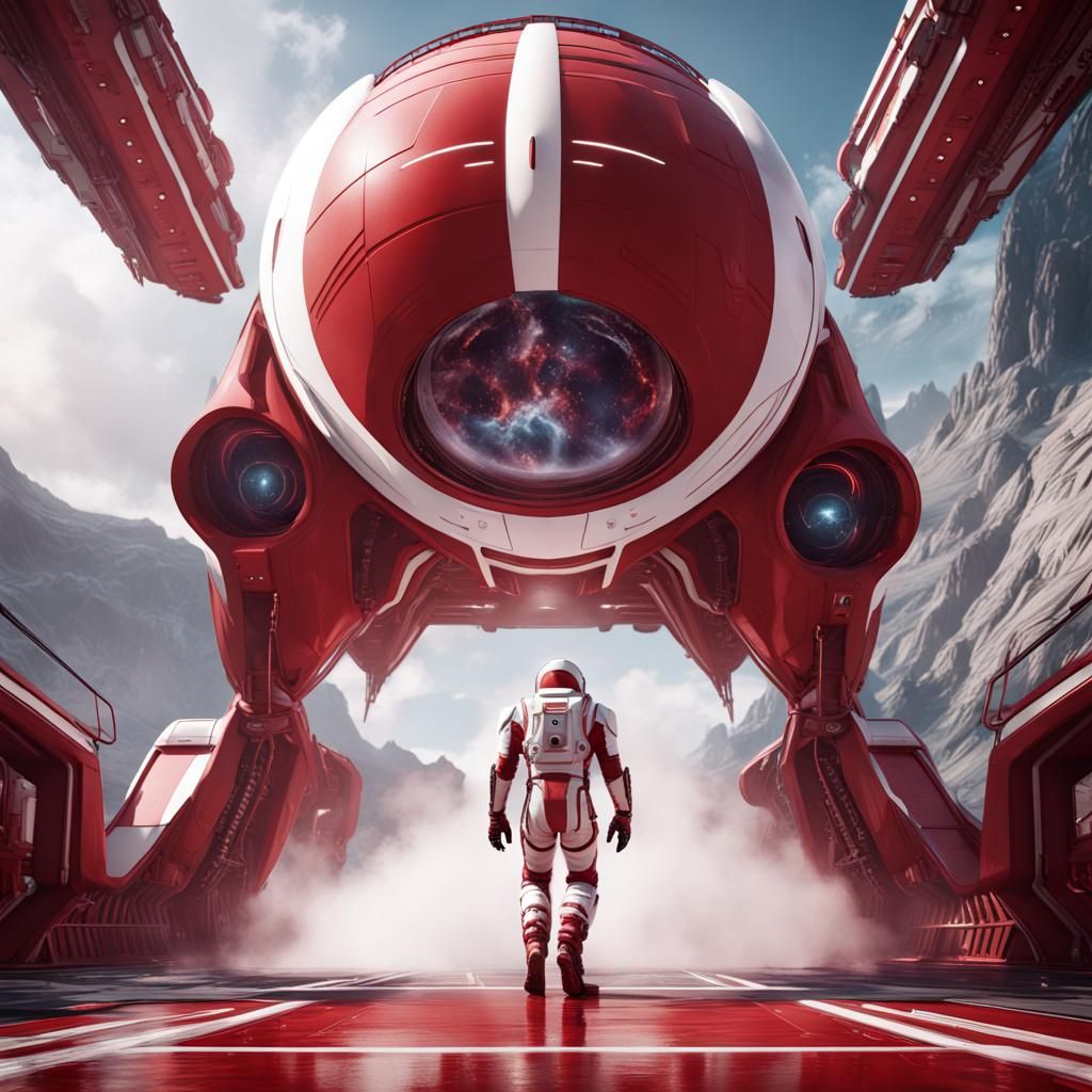 Man Exiting a Streamlined Spacecraft: Detailed Matte Paintin...