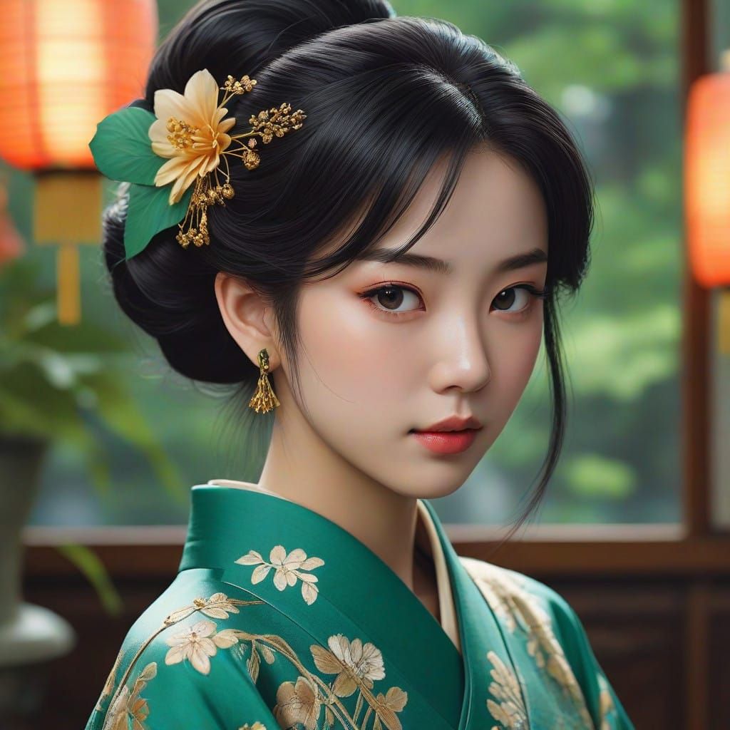 Serene Geisha in a Vibrant, Romanesque-Inspired Landscape