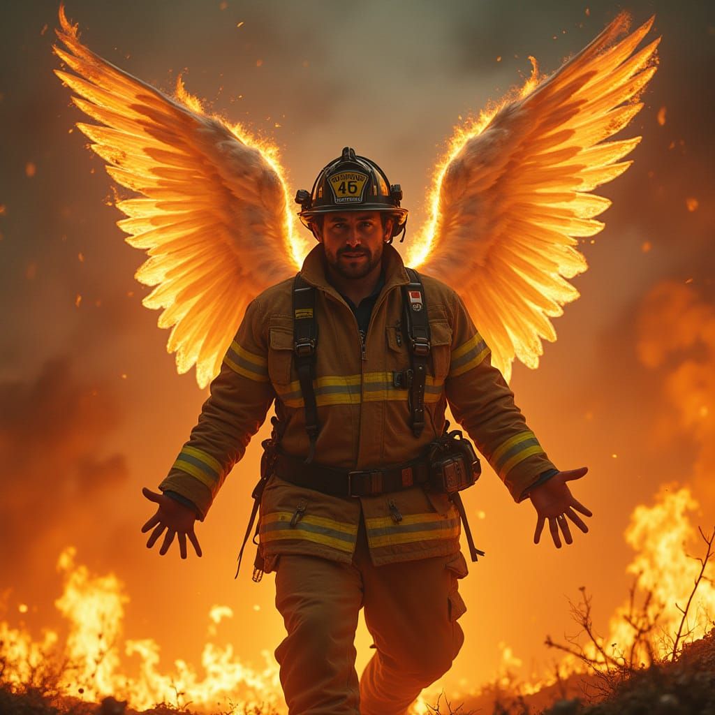 Heroic Fireman Emerges with Angelic Wings from Inferno