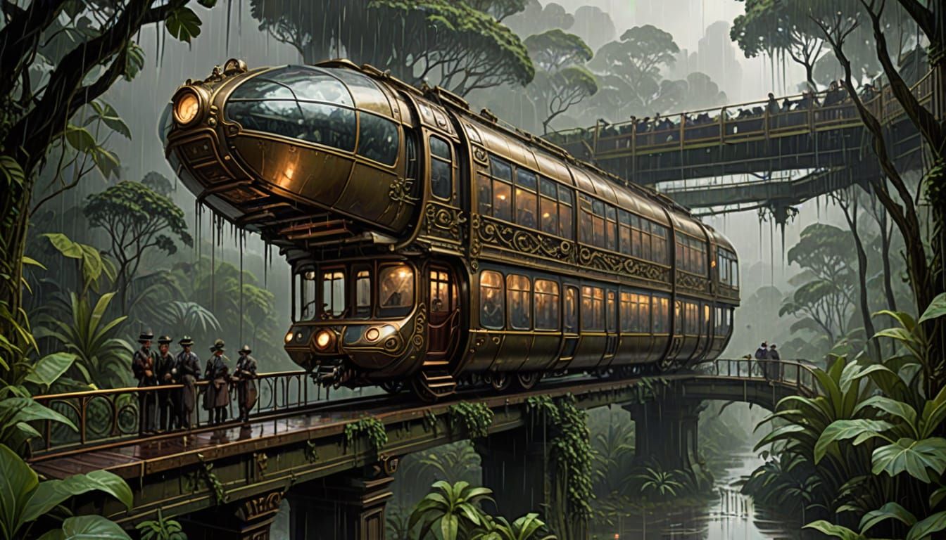Steampunk Monorail in Rainy Jungle with Victorian Explorers