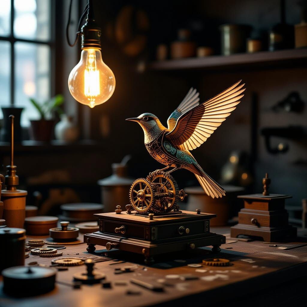 Art Deco Automaton Crafts Clockwork Bird in Workshop