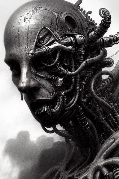 Cyborg Bug God Portrait in Charcoal Drawing Style