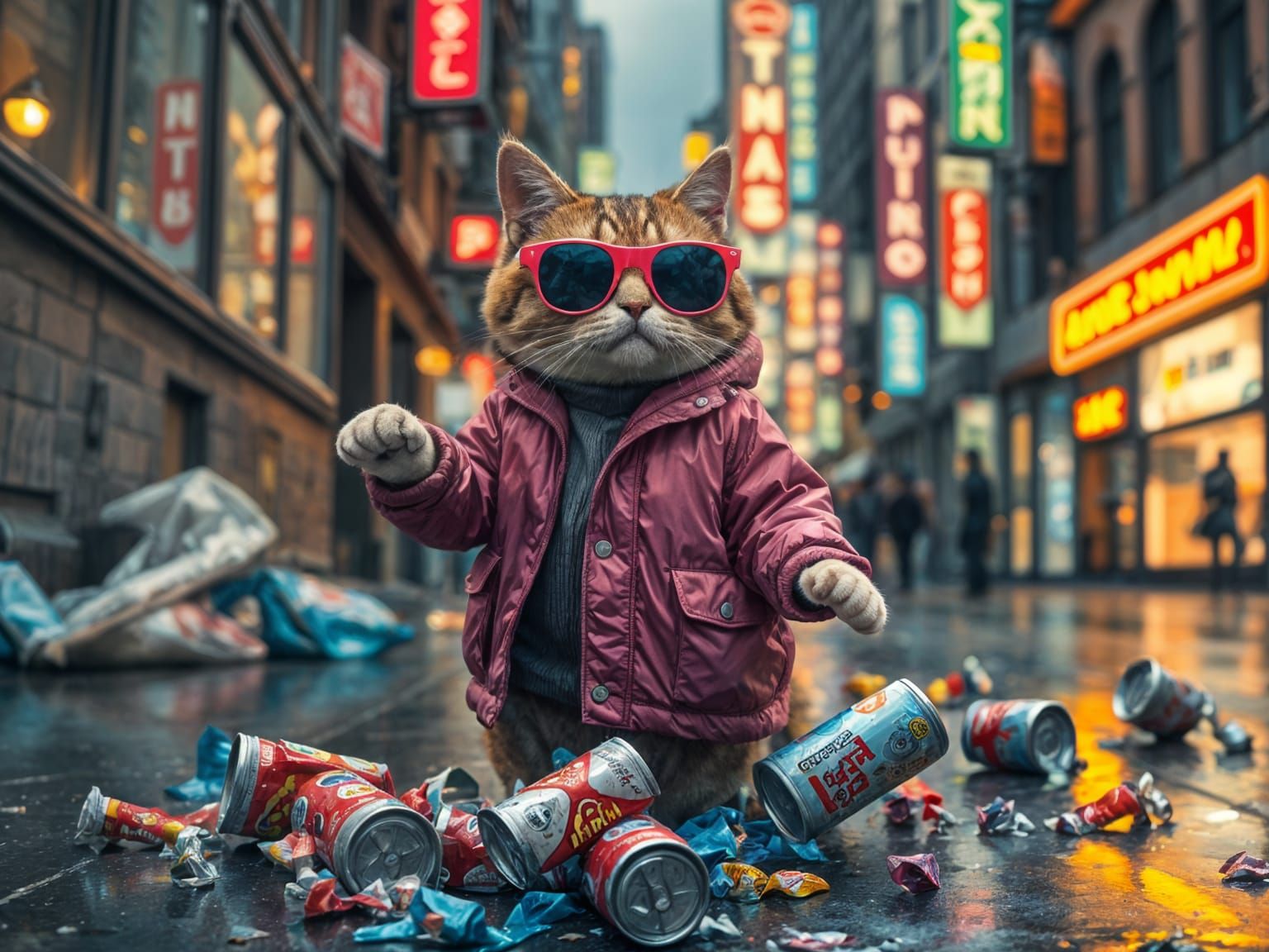 Anthropomorphic Cat Litting in Pop Art Style