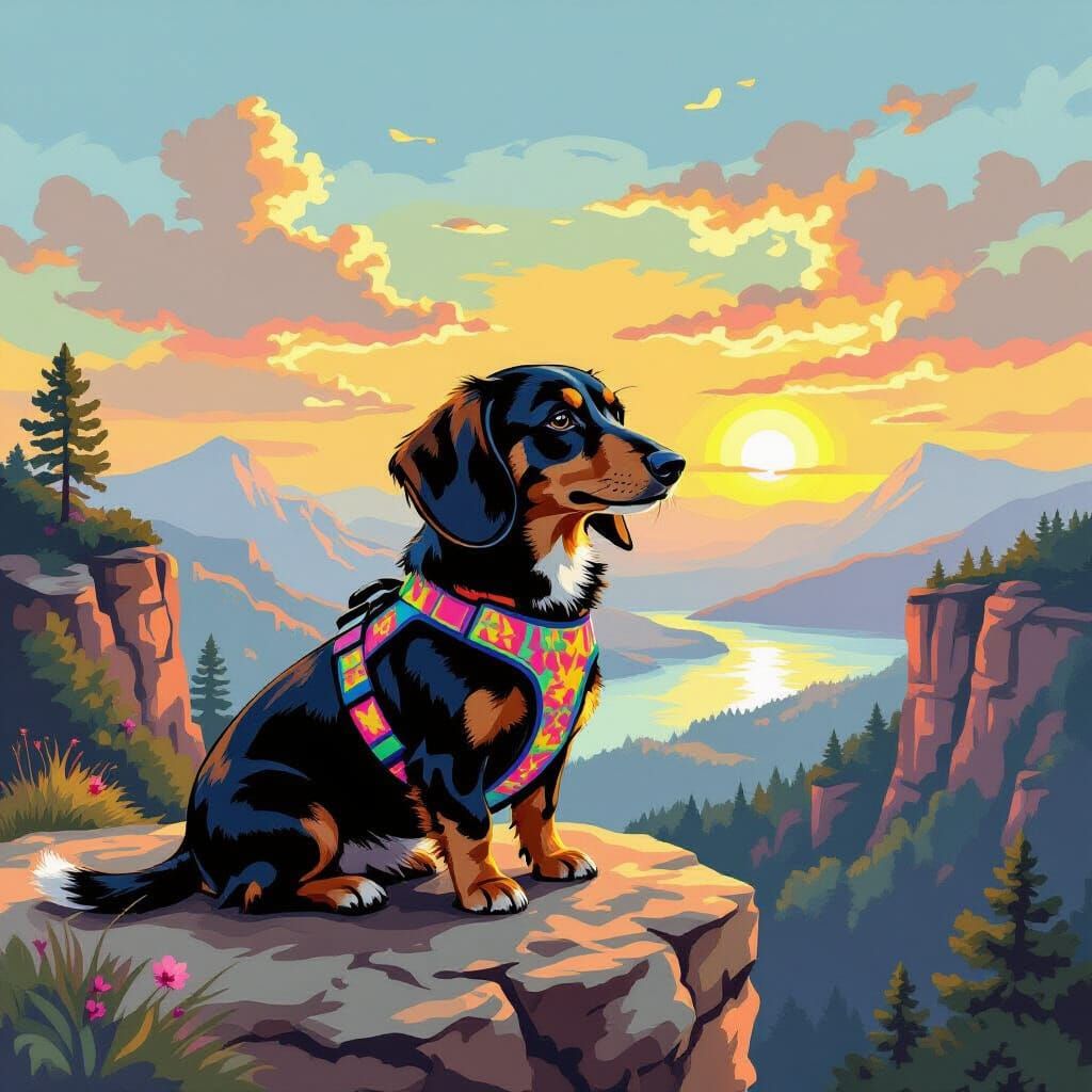 Dachshund on Cliff in Dreamlike Landscape Painting