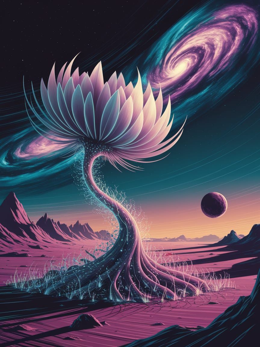 Giant Bioluminescent Alien Plant Under Nebula Sky