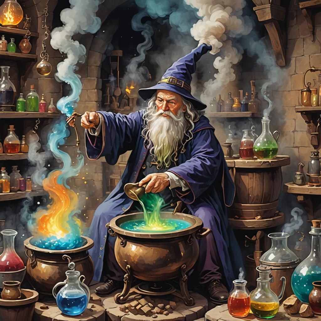 a wizard brewing potions,
