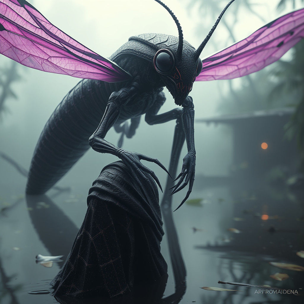 Insect Alien in Misty Bayou: Dark Fantasy Art