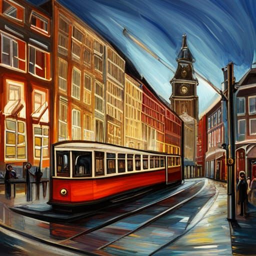 Amsterdam Tram in Abstract Painting with Dynamic Lighting