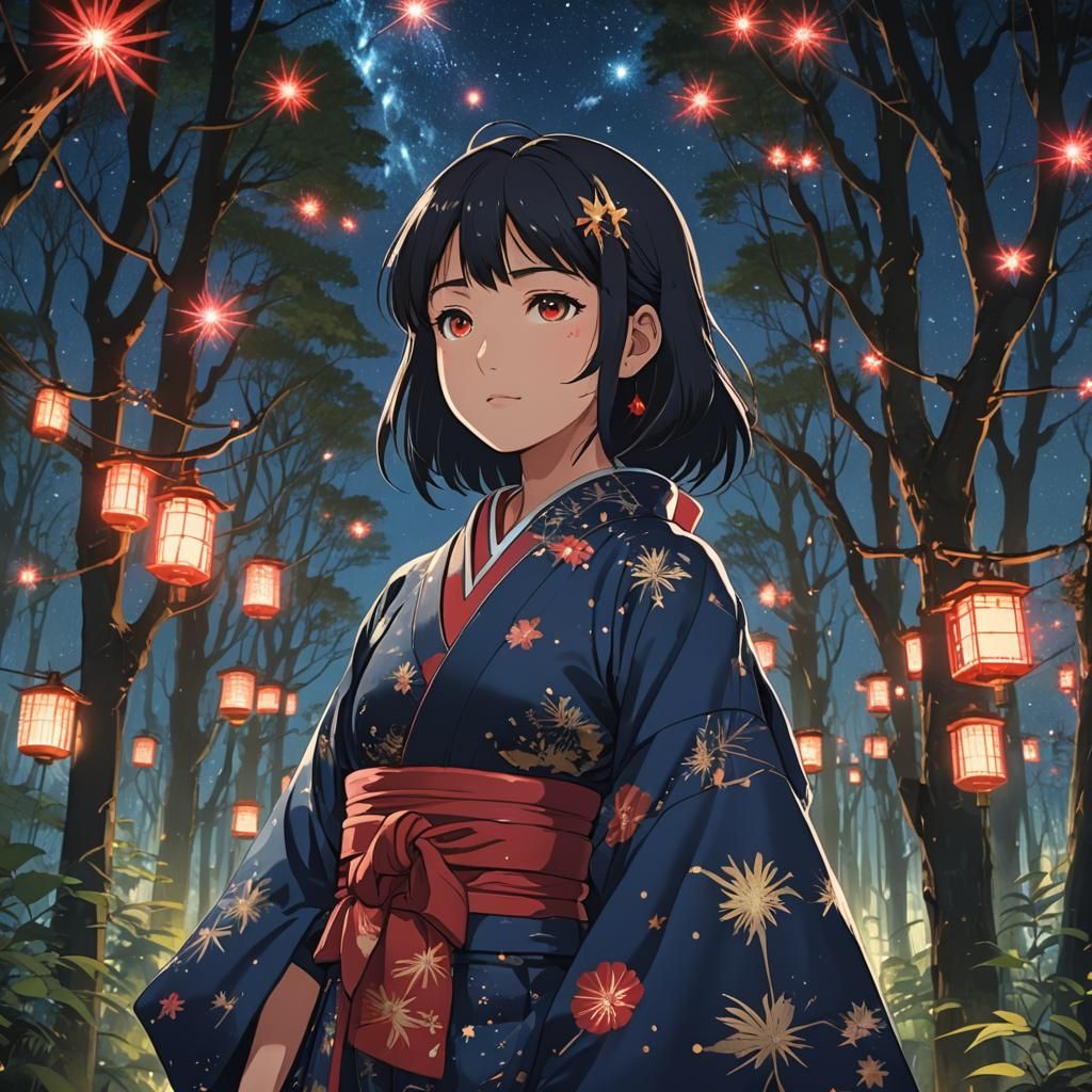 Anime Girl in Kimono Under Sparkling Stars