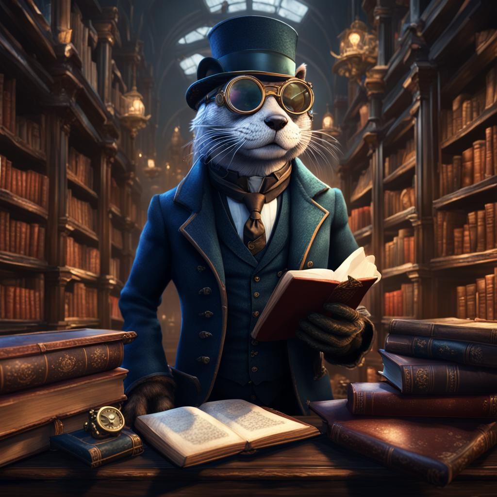Steampunk Otter Reader in Detailed Library
