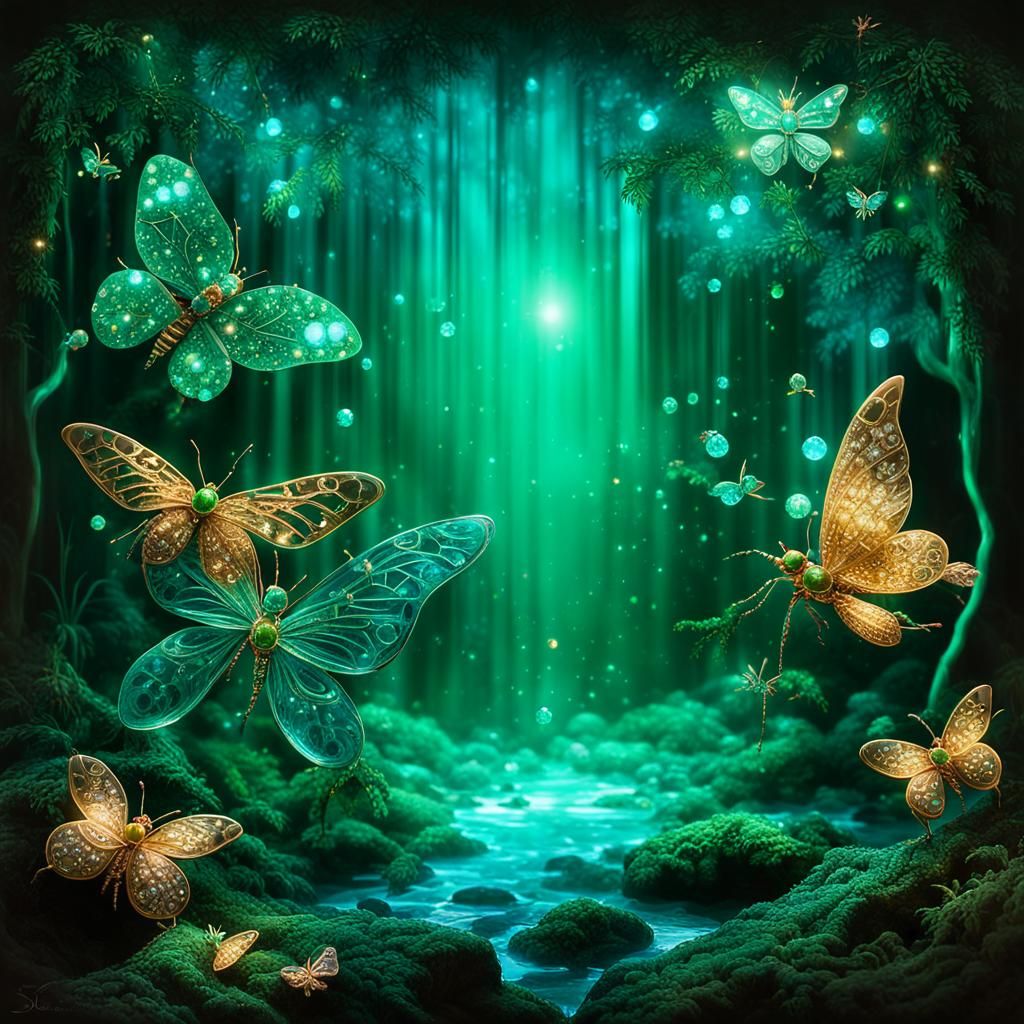 Gemstone Insects in Emerald Rainforest with Bioluminescence