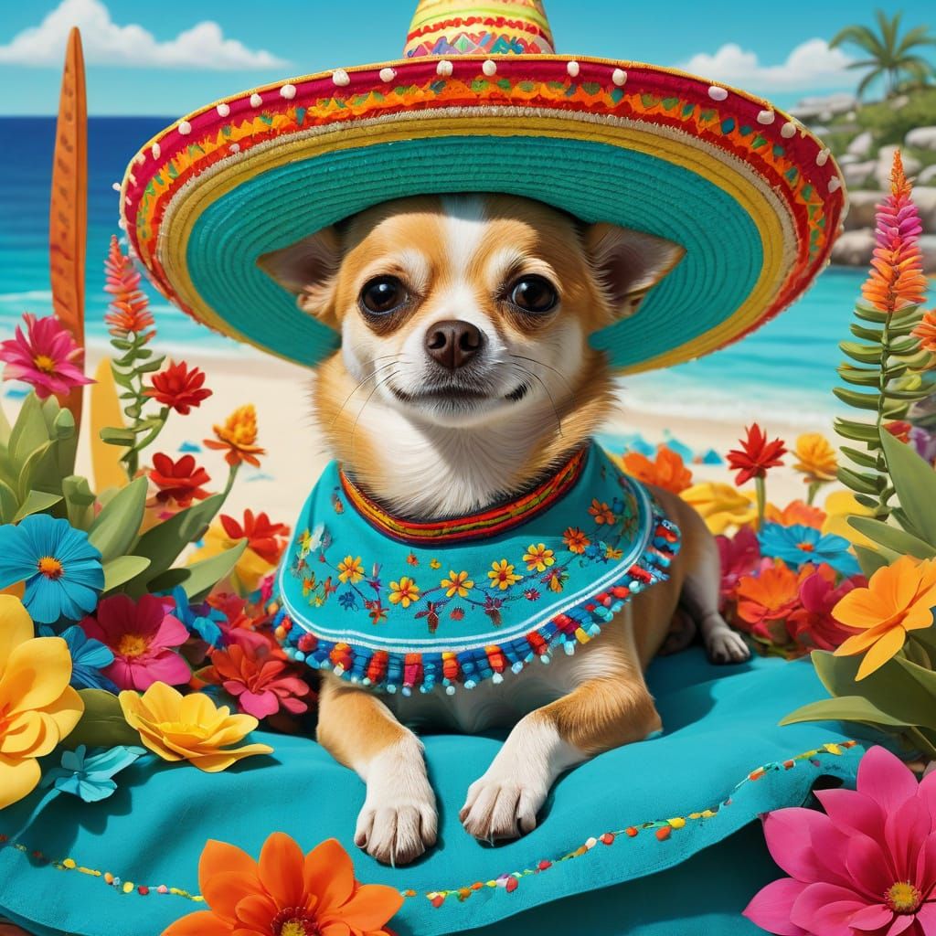 Chihuahua in Sombrero on Mexican Beach, Cartoon Illustration