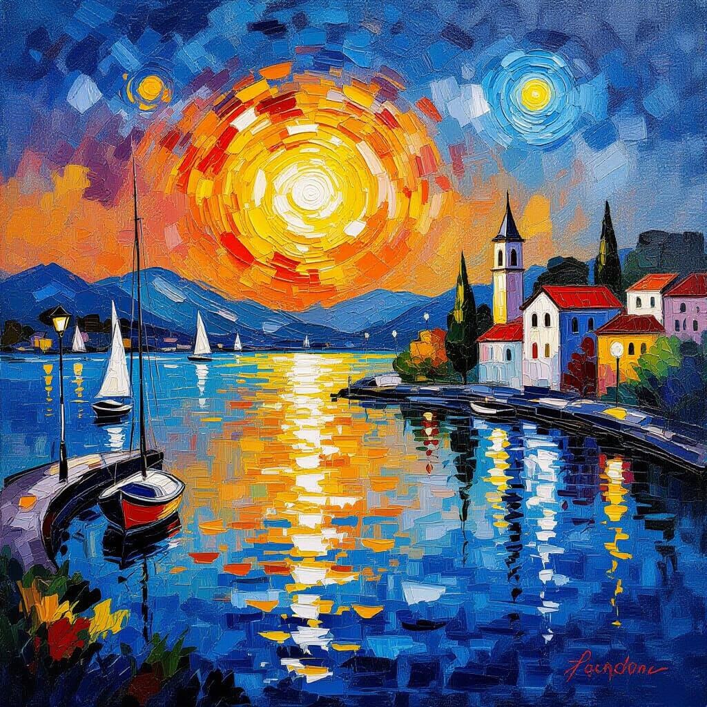 Impasto Lakeside Landscape Harbor at Night