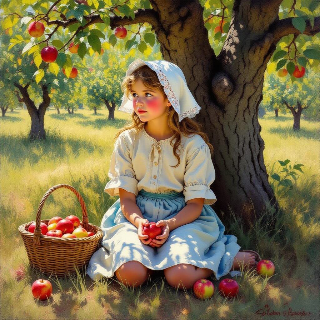 Girl with Apple Basket Under Tree
