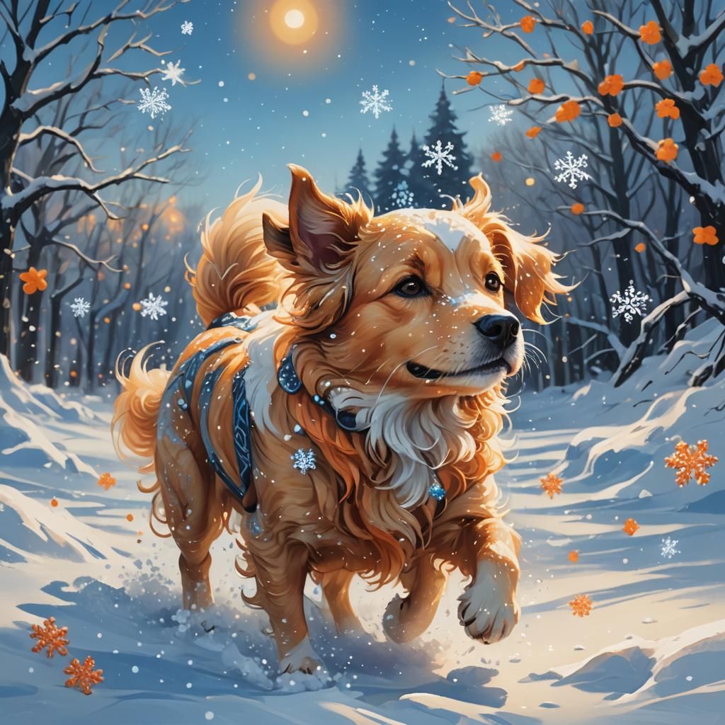 Dog's First Snowfall: Whimsical Fantasy Art