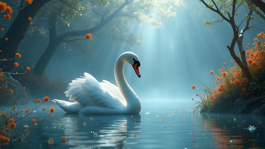 Ethereal Swan in a Dreamlike Fantasy Landscape