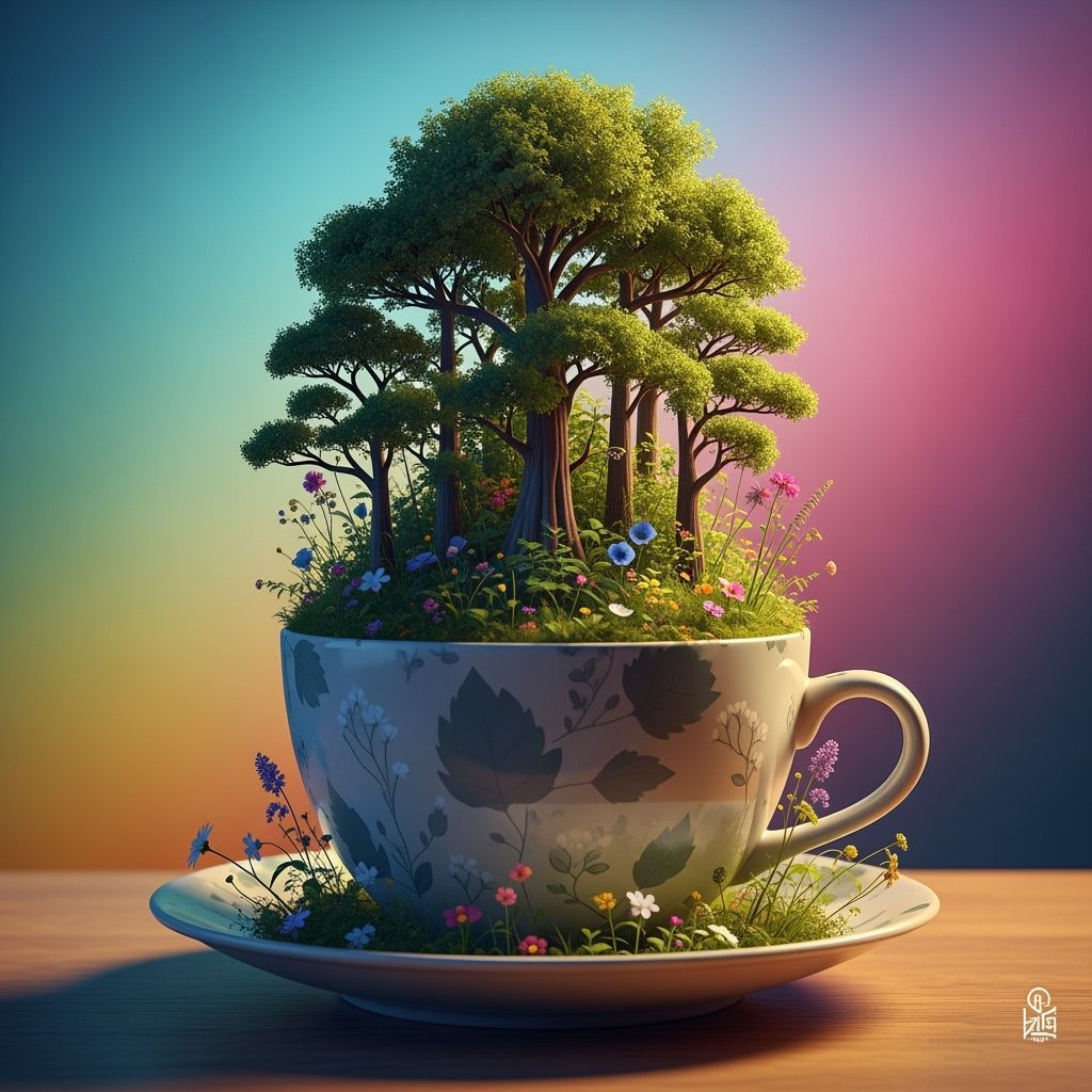Lush Forest Thriving Inside a Coffee Cup