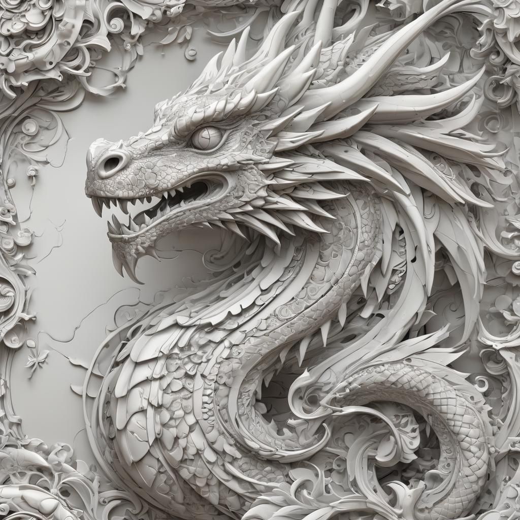 Marble Dragon Statue with Abstract Fractal Design