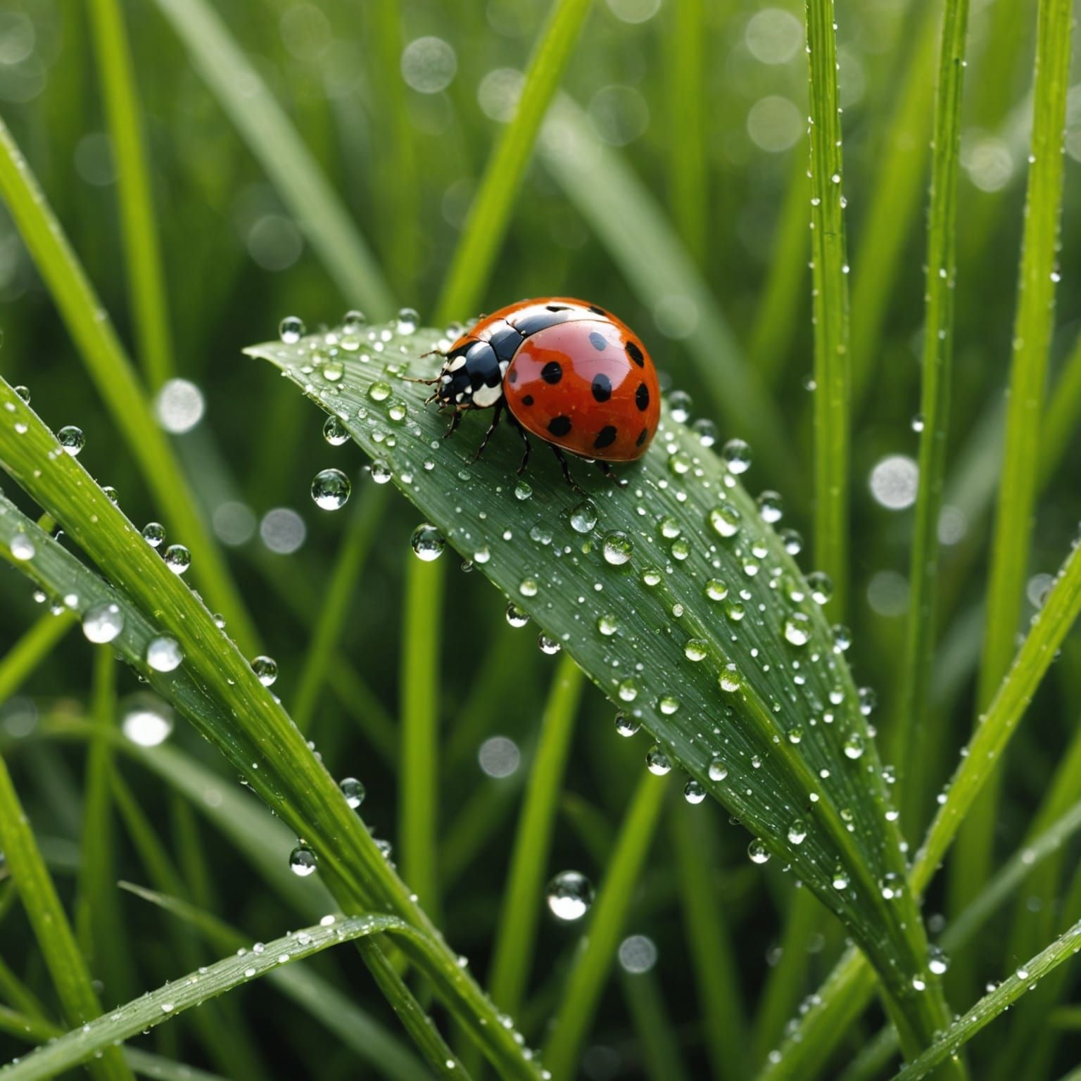 Macro Photo of Ladybug on Dewy Grass