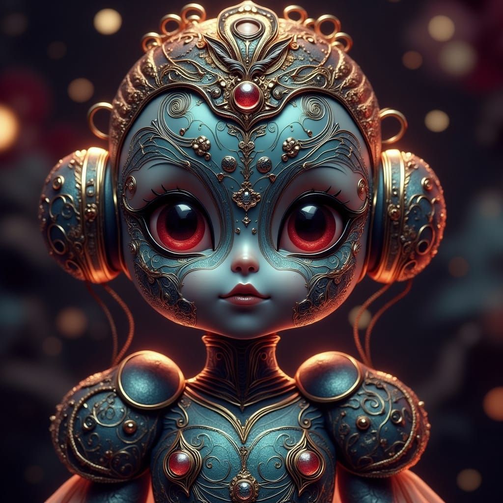 Surreal Chibi Fashion Robot Adorned in Opulent AI Fashion Sh...