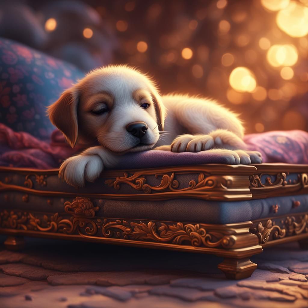 Cute Puppy Sleeping in Tiny Bed