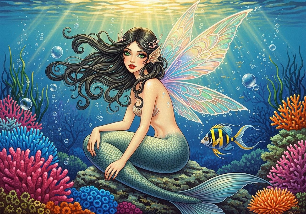 Mermaid with Fairy Wings in Sea, Art Nouveau Style