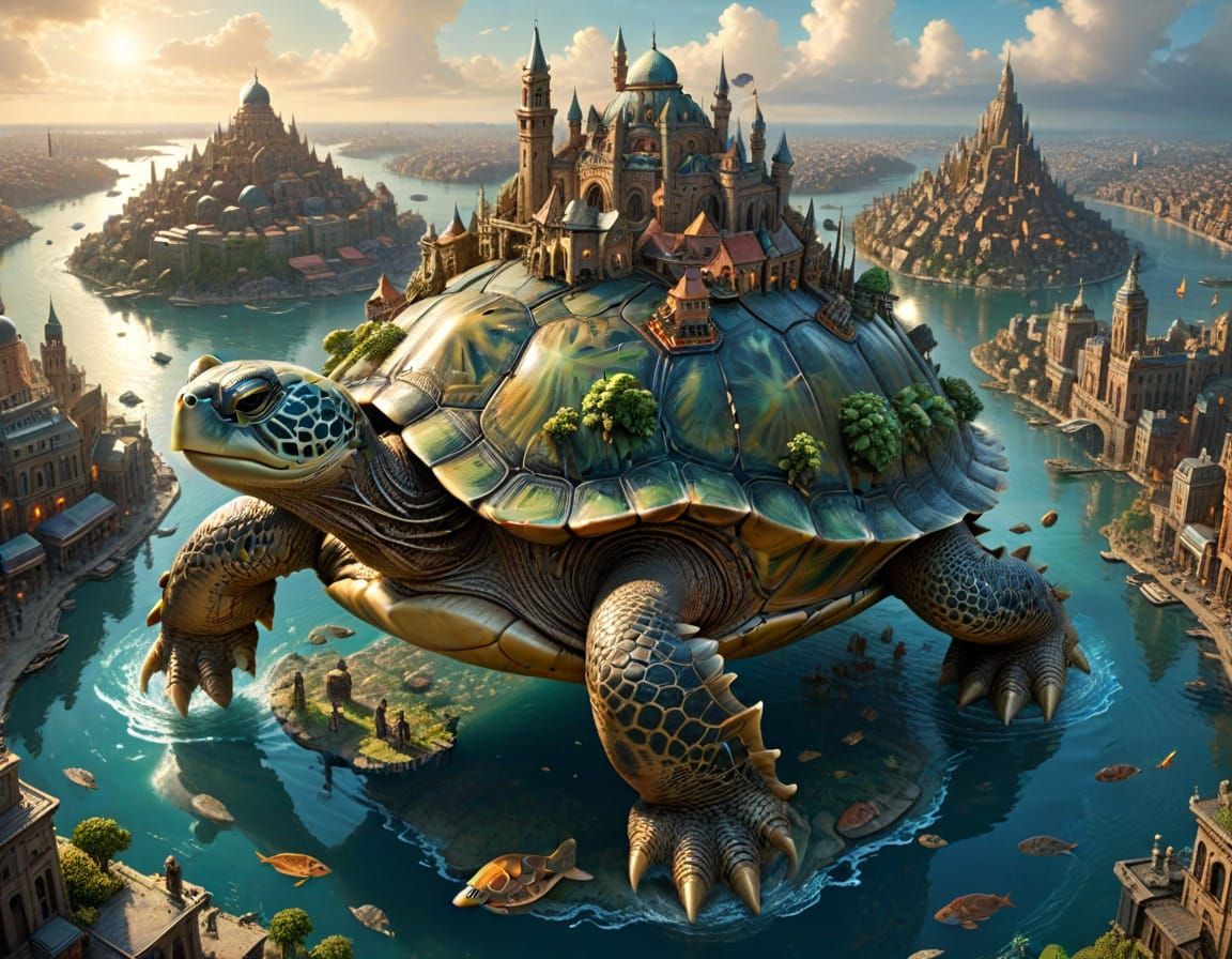 Fantasy City Rests on Giant Turtle's Back
