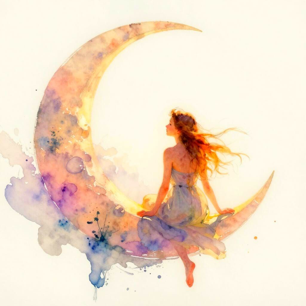 Fairy on Crescent Moon in Pastel Watercolor Style