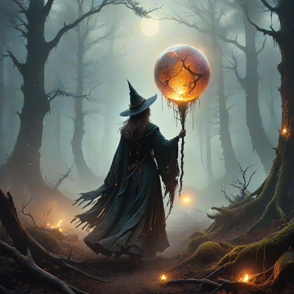 Enchantress Walks Through Ancient Forest With Orb