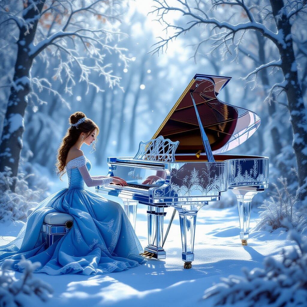 Elegant 18th Century Woman at Crystal Piano in Frosty Forest