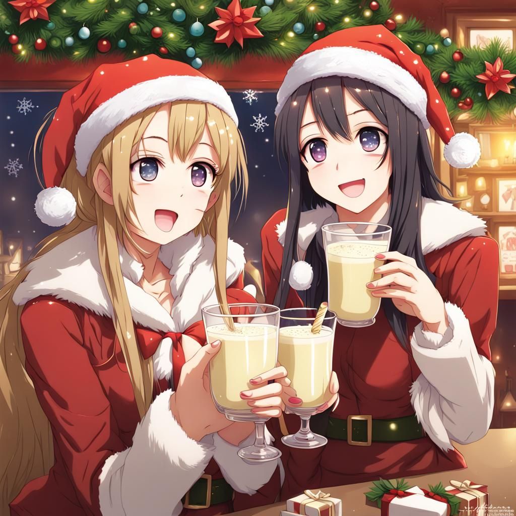 Girls Enjoying Eggnog in Anime Style