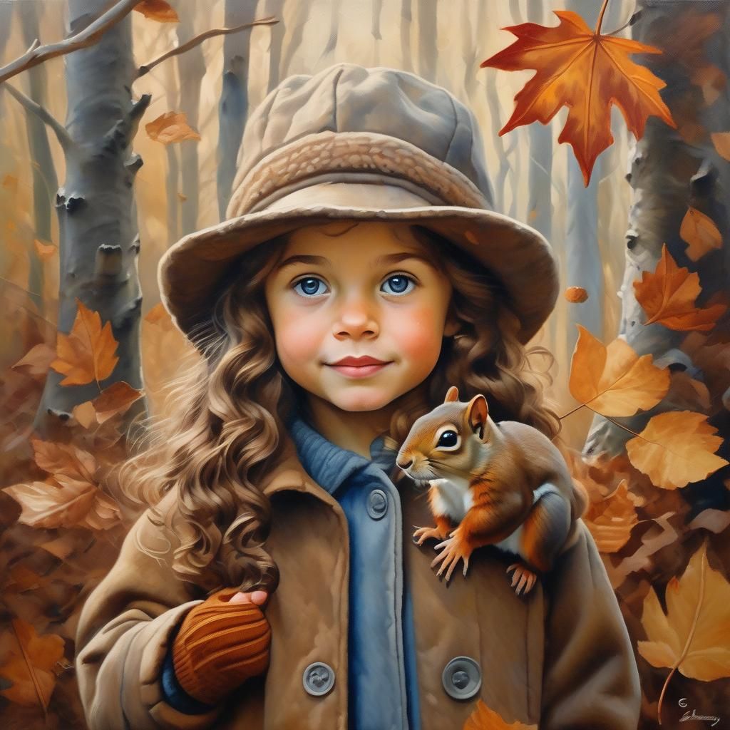 Girl with Squirrel in Autumn Forest Oil Painting