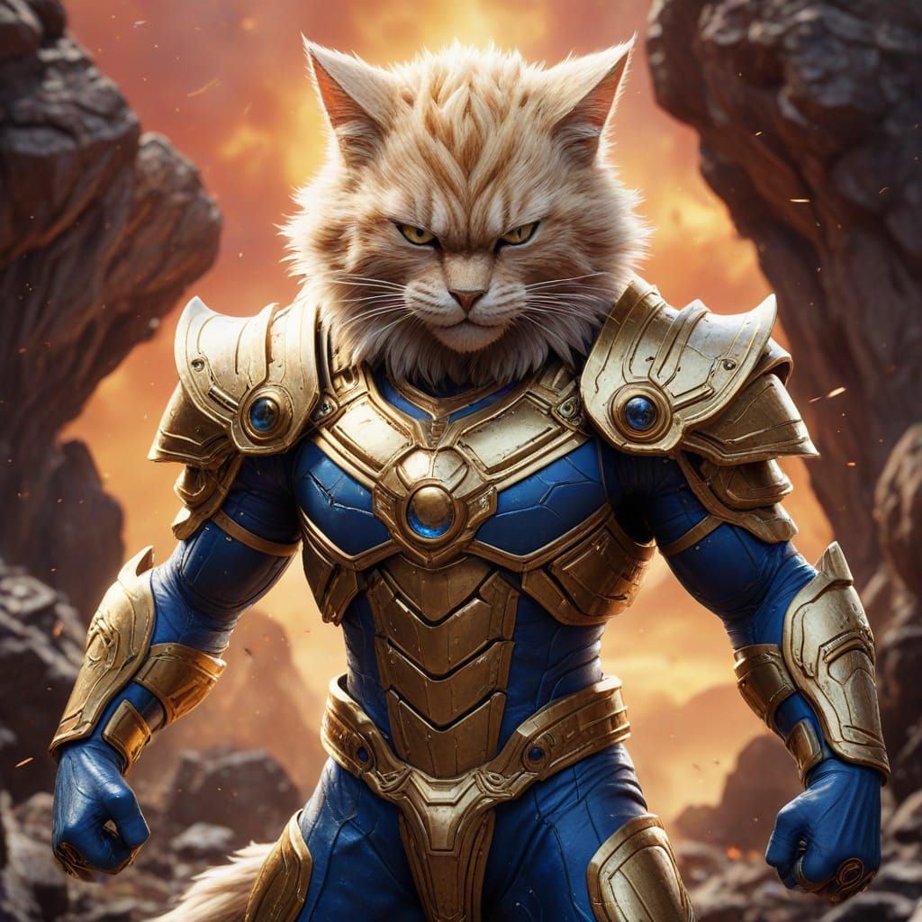 Fierce Feline Warrior in Saiyan Battle Armor Radiates Golden...