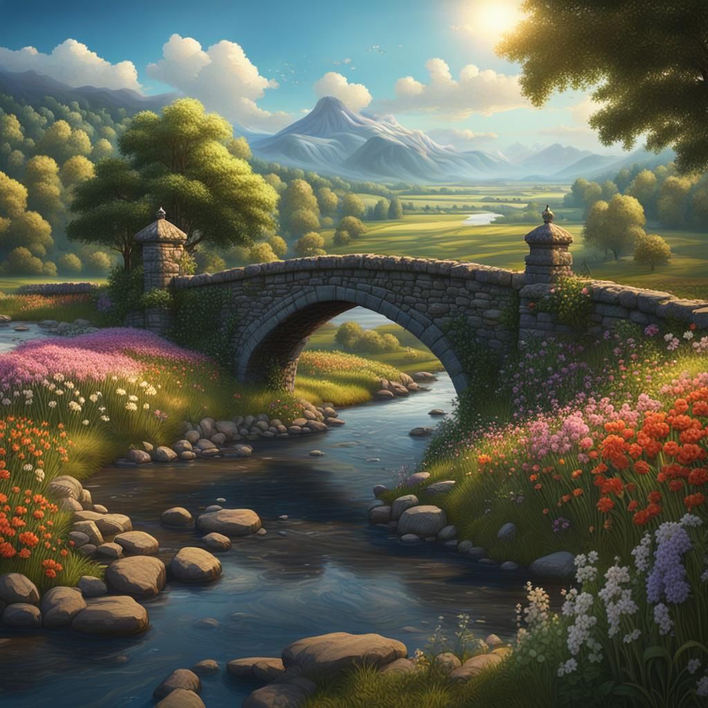 Picturesque Stone Bridge Over River in Countryside
