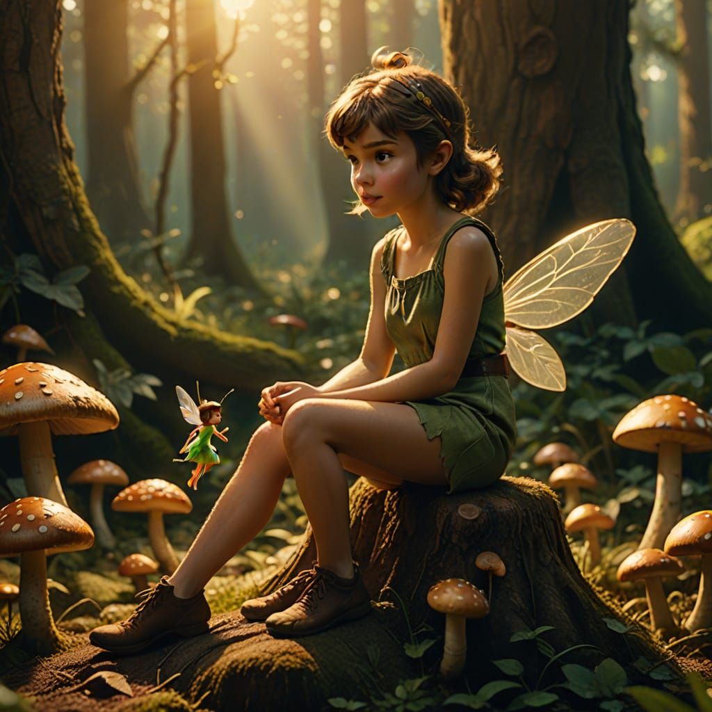 Tinkerbell on Mushroom in Cinematic Film Still