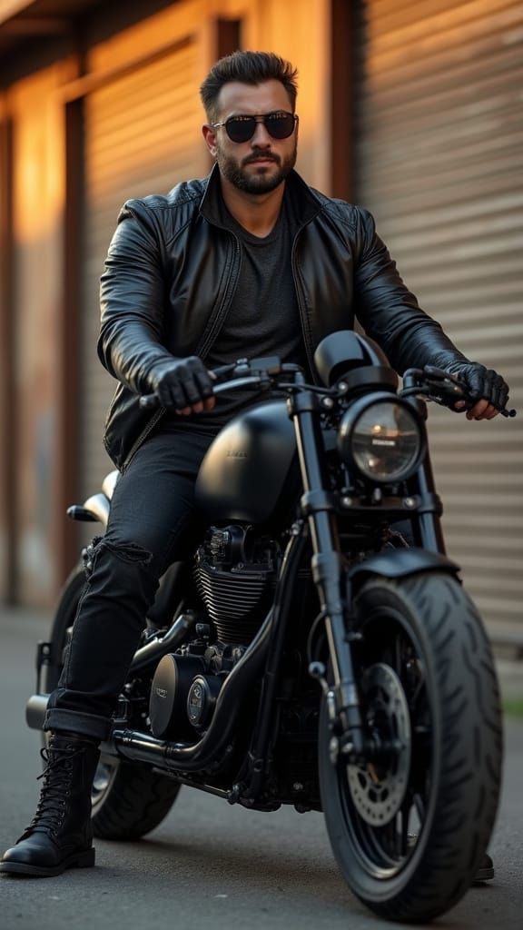 Rugged Man on Motorcycle in Golden Hour Light
