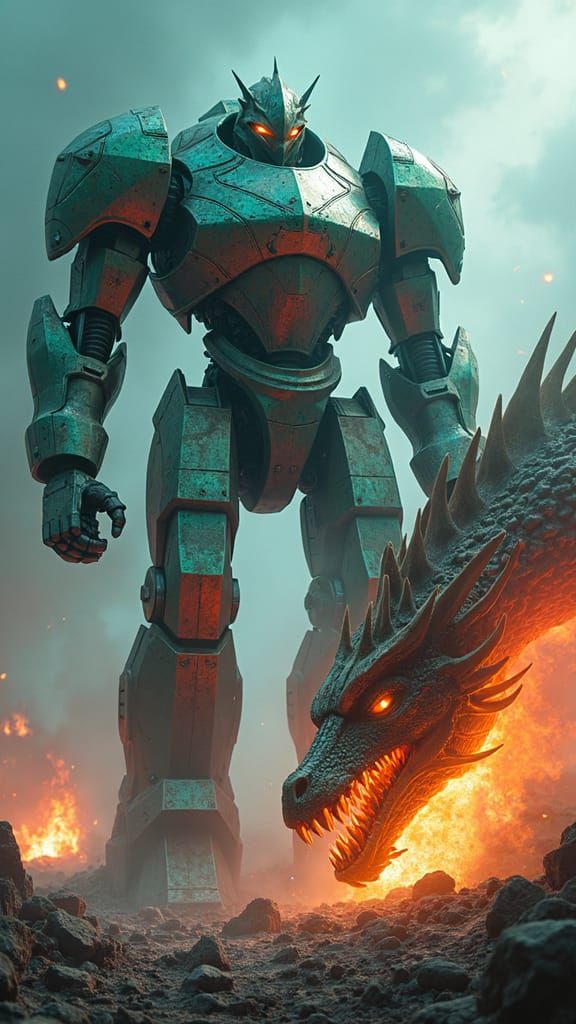 Mecha vs Dragon in a Smoldering Battlefield
