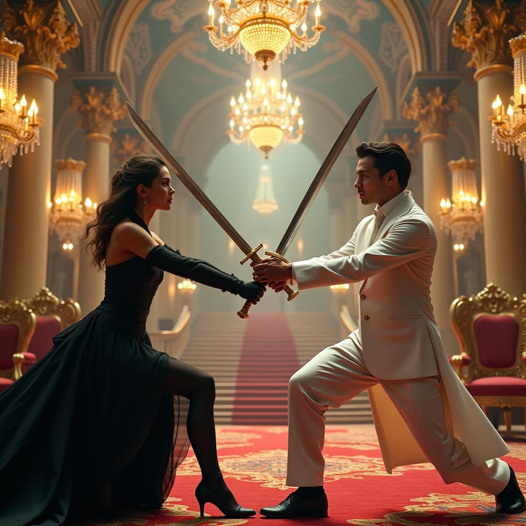 Ballroom Sword Fight in Opulent Fantasy Setting
