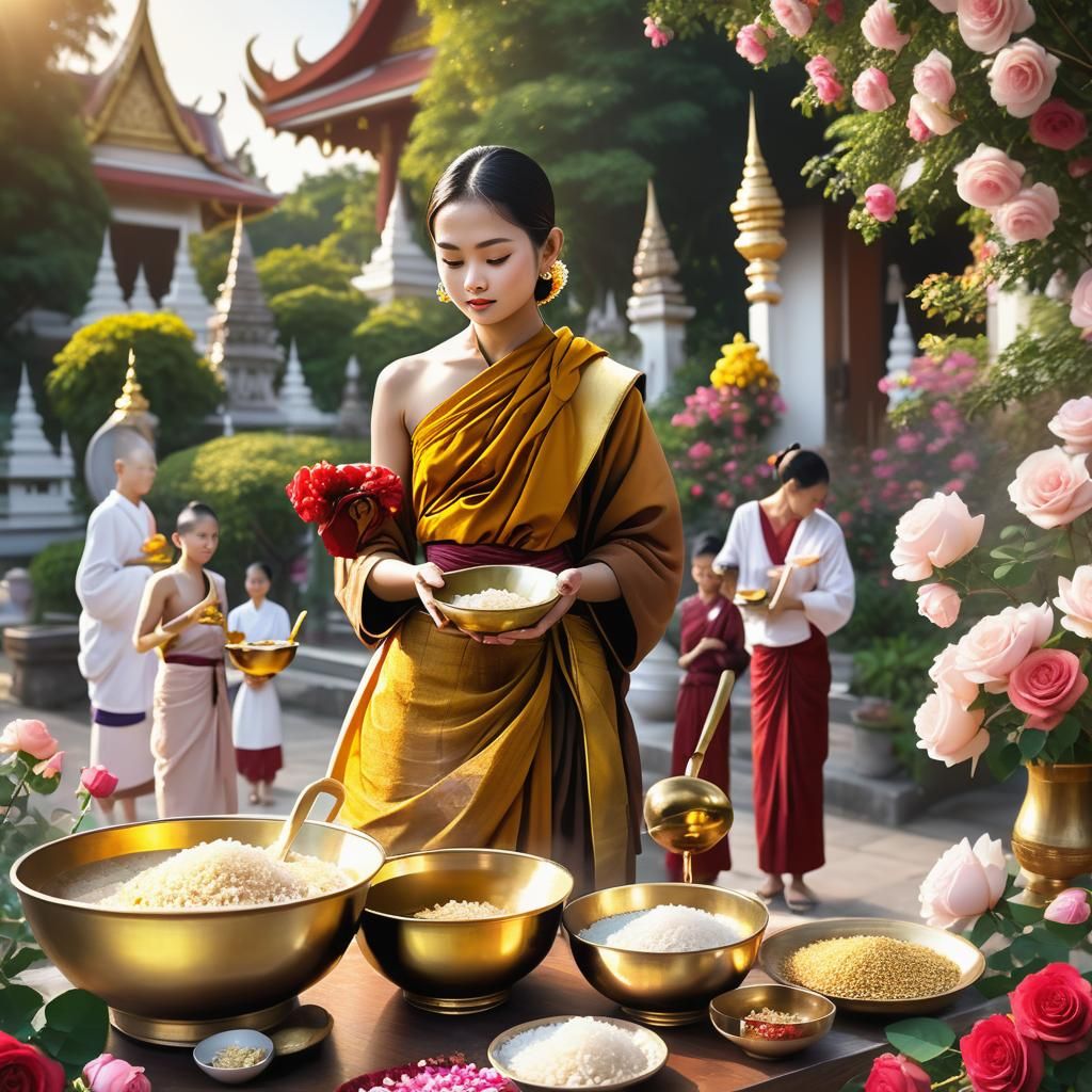 Thai Women Offer Food to Monks: 3D Anime Art