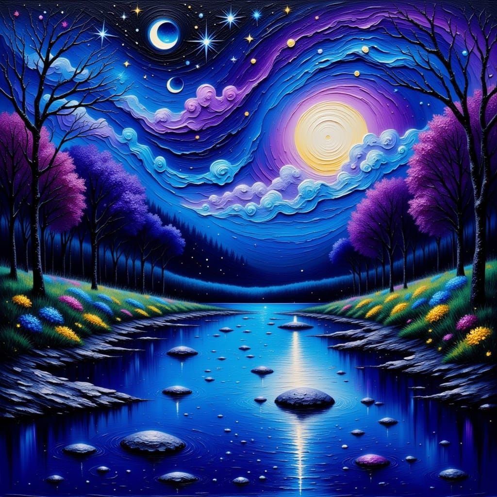 Vibrant River Reflects Starry Sky as Impasto Painting