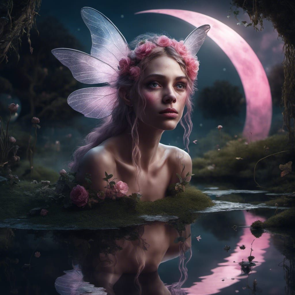 Sad Fairy Reflects Under Pink Moon, Digital Painting